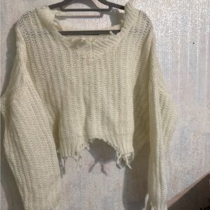 SHEIN Off-Shoulder, Cropped, Very Distressed Cream Color Sweater, Sz Small
